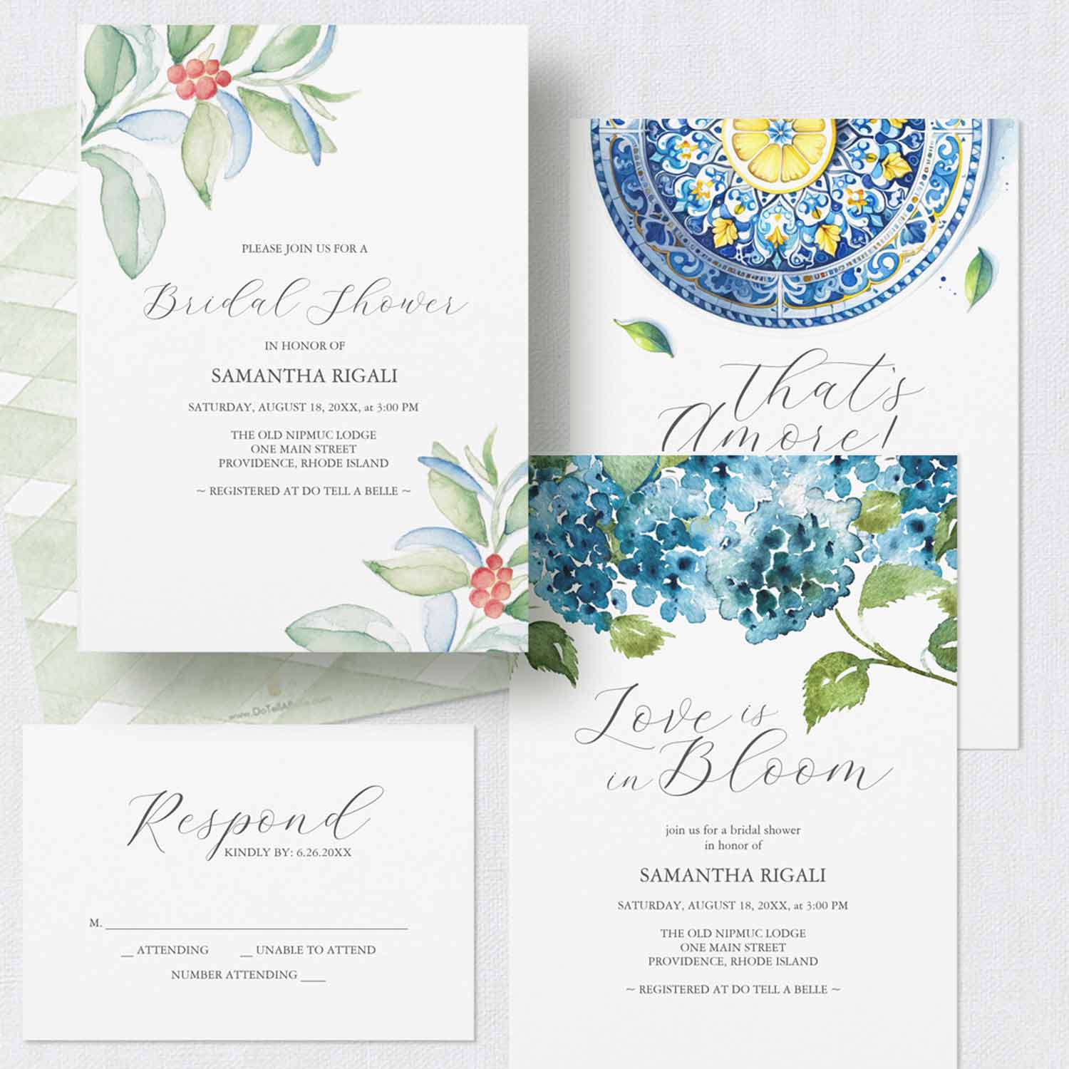Custom bridal shower invitations with RSVP card designed with hand painted art by Florida watercolor artist VIctoria Grigaliunas of Do Tell A Belle. Perfect for bridal shower invitations mailed for you.