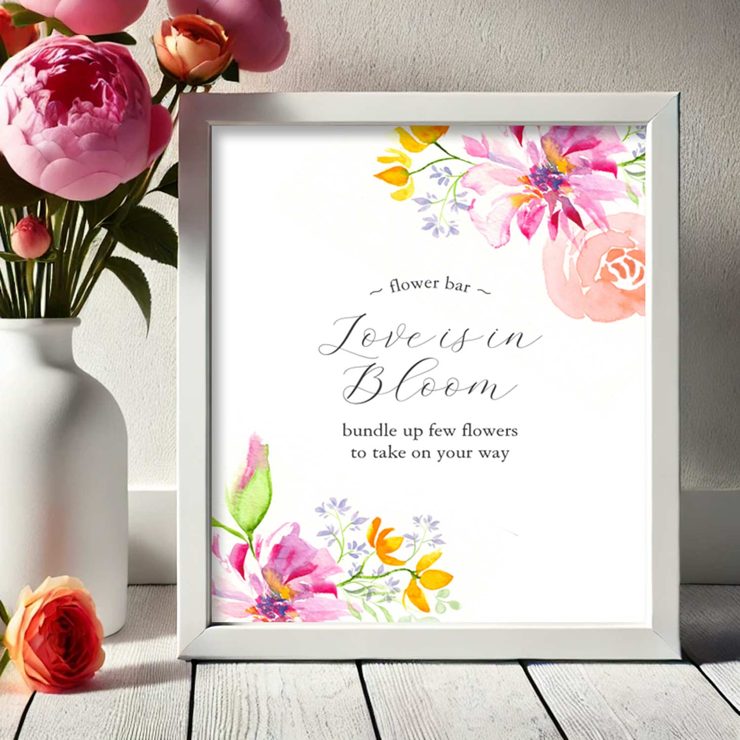 Printable Love is in Bloom Flower Bar Poster in Vibrant Pink designed with hand painted art by Florida watercolor artist Victoria Grigaliunas of Do Tell A Belle.