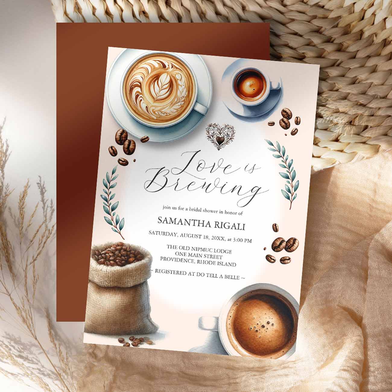 love is brewing bridal shower invitations designed with a charming coffee illustration.