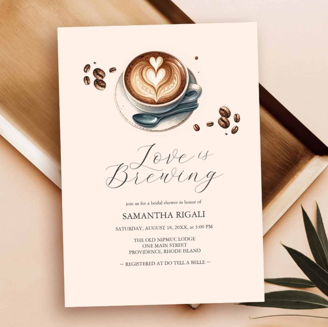 love is brewing bridal shower invitations designed with a charming coffee illustration.