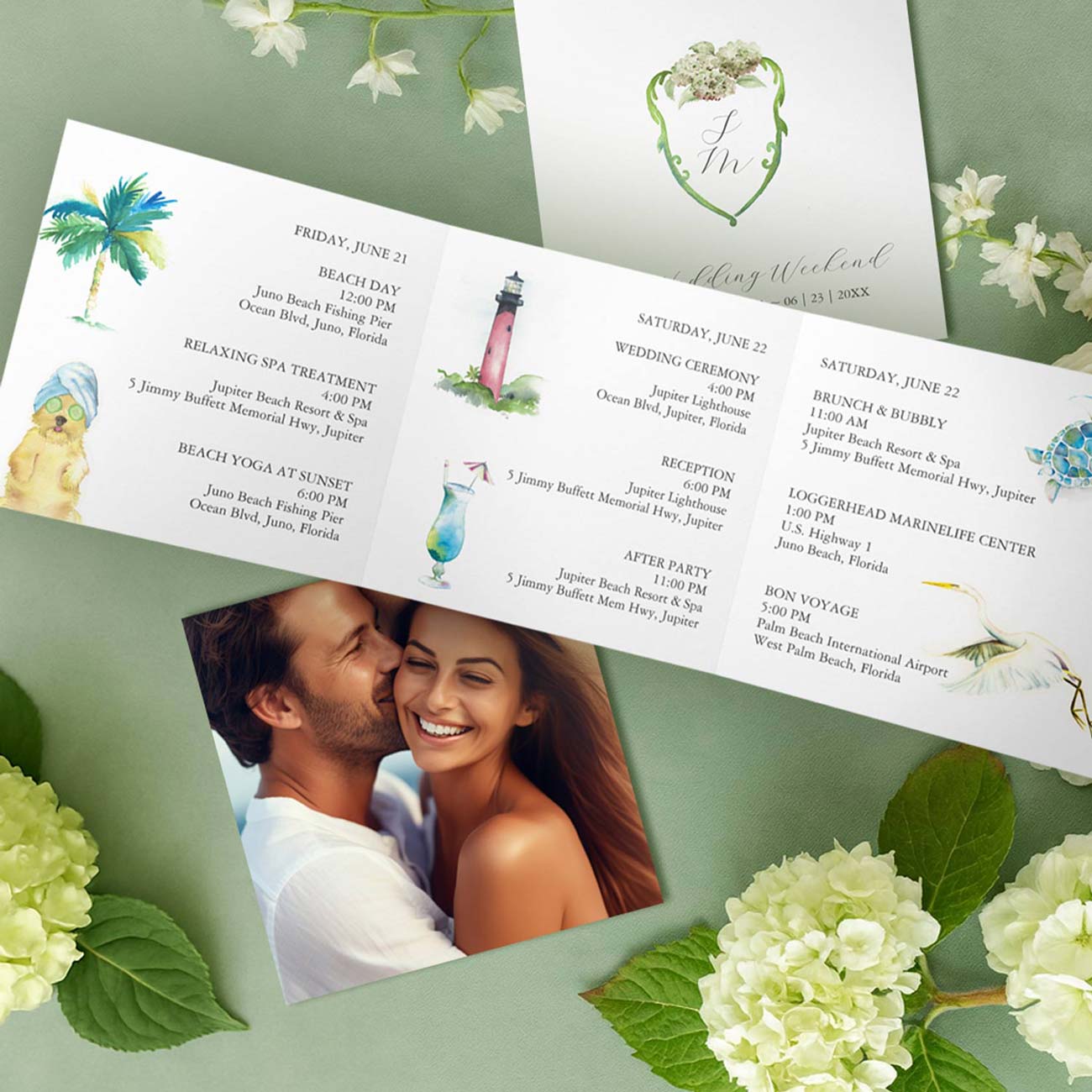 trifold wedding programs designed with hand painted art by Florida watercolor artist Victoria Grigaliunas of Do Tell A Belle