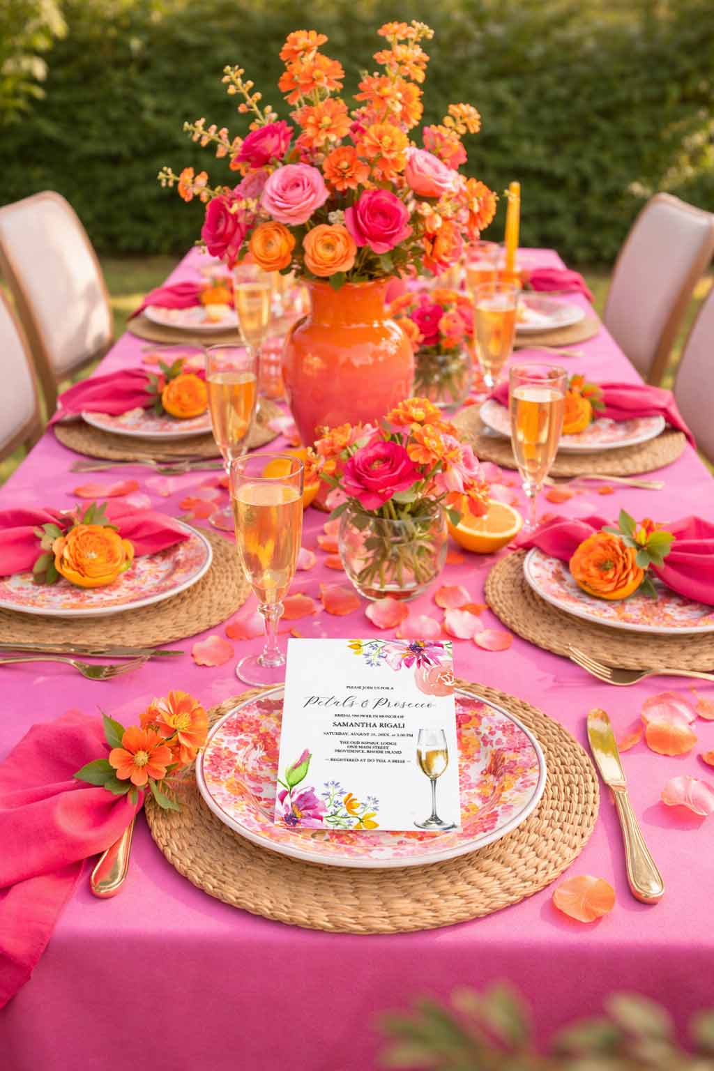 Decor ideas for "petals and prosecco" theme features vibrant pink and orange floral tablescape.