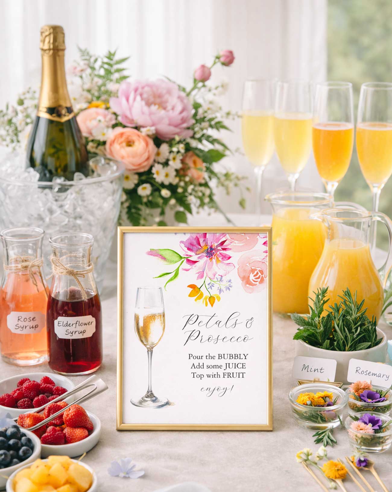 bridal shower mimosa bar ideas for a pink and orange petals and prosecco theme.
