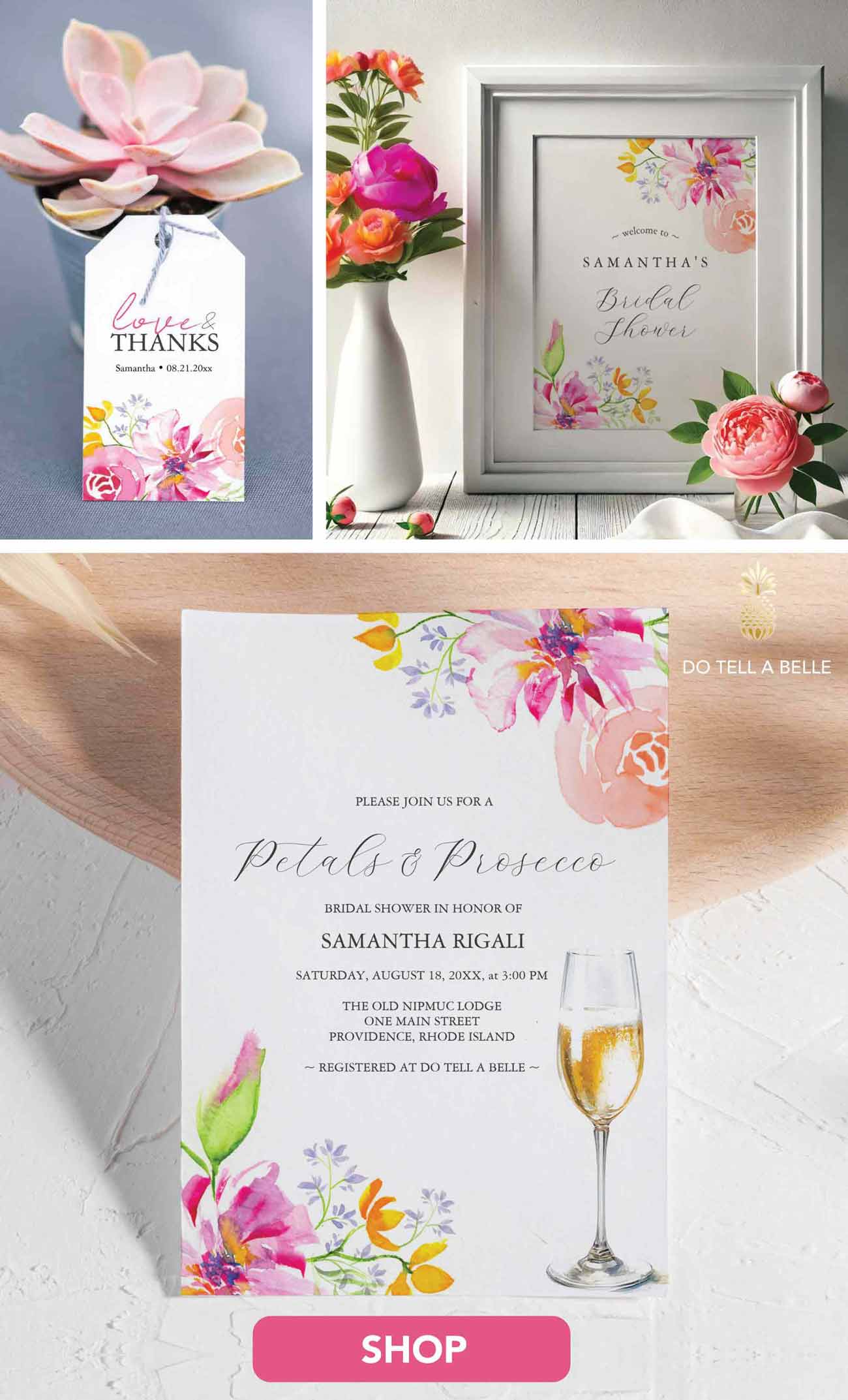 This petals and Prosecco bridal shower theme is designed with hand painted floral art in vibrant shades of pink, orange, lavender and yellow. Tap to shop this theme by Florida watercolor artist Victoria Grigaliunas of Do Tell A Belle.