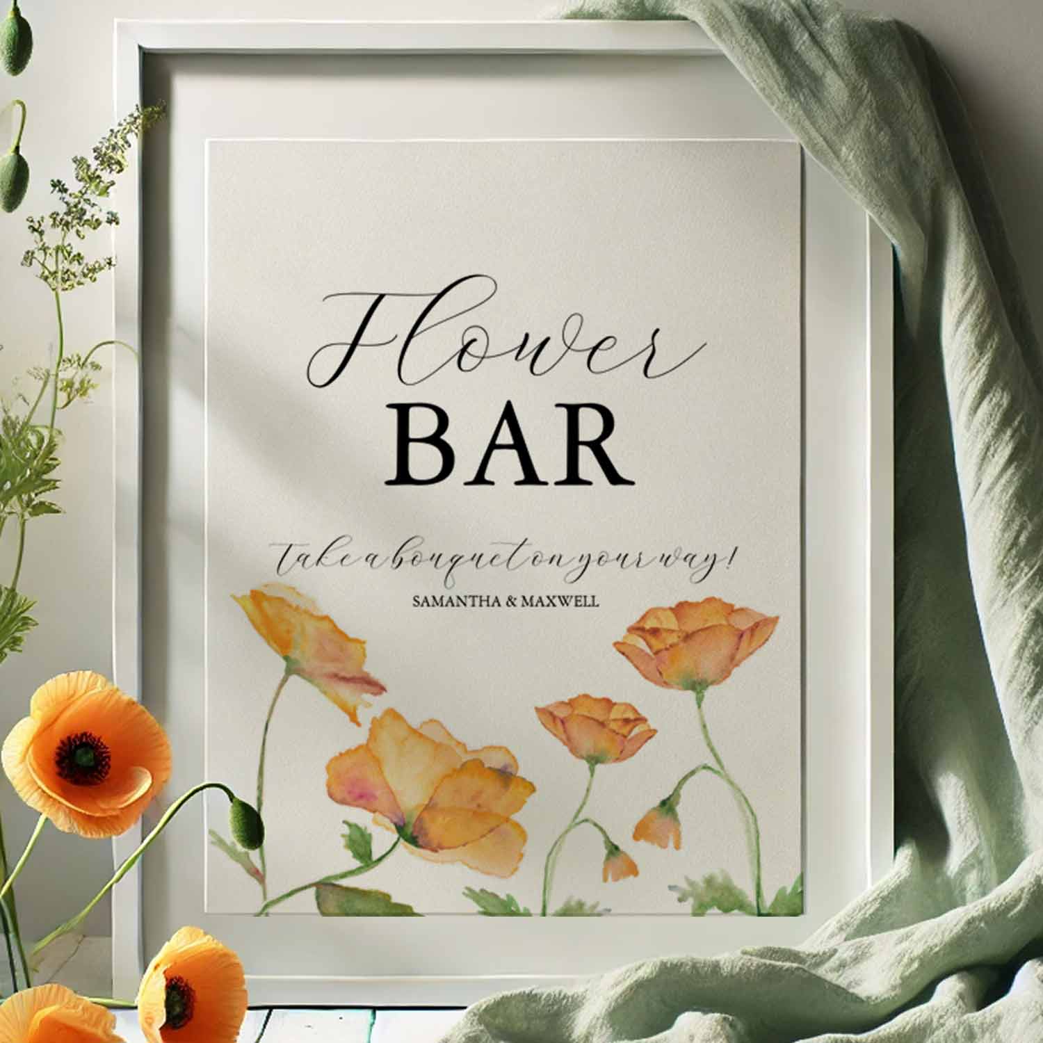 Printable flower bar signs designed with hand painted watercolor poppy art and the words "flower bar' set in trendy typography.
