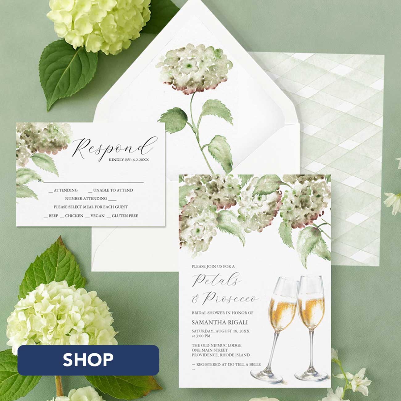 Best online stores for petals and prosecco bridal shower invitations featuring hand painted watercolor hydrangea art in green and white with matching RSVP and stationery. Shop Do Tell A Belle in the Zazzle marketplace.