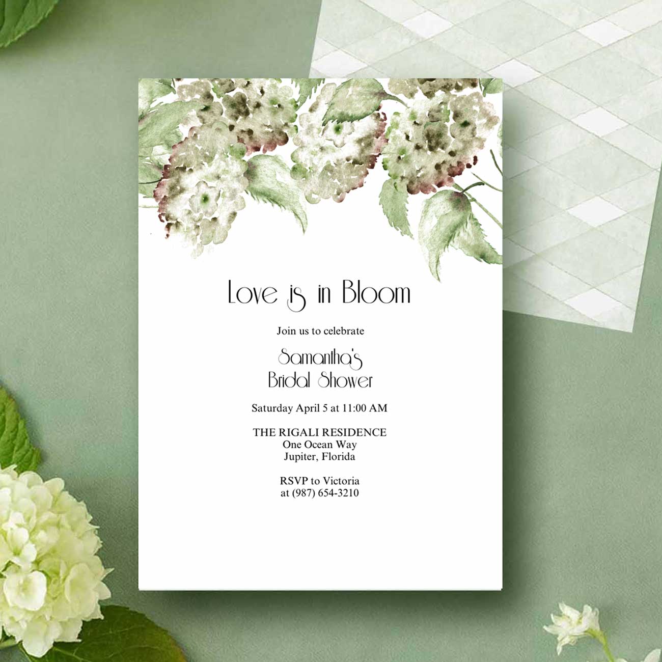Love is in bloom bridal shower invitations designed with hand painted watercolor hydrangeas in shades of green. Click to easily customize and download your printable invitation or evite.