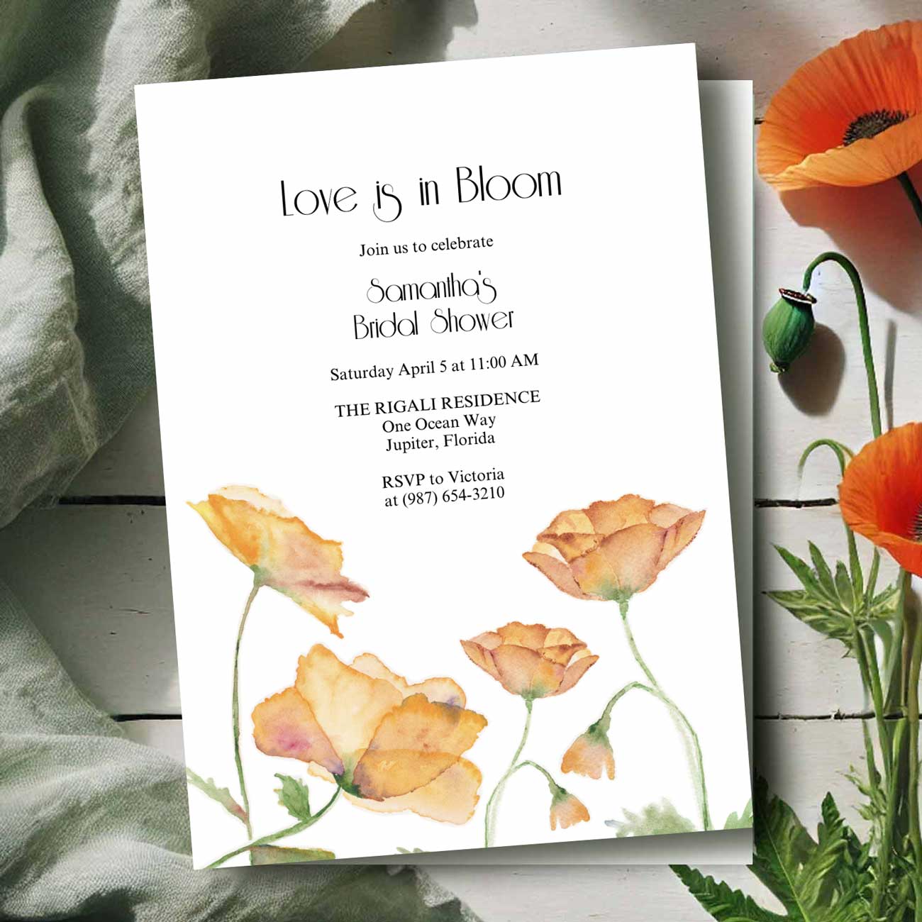 love is in bloom bridal shower invitations designed with orange watercolor poppy flowers by Victoria Grigaliunas of Do Tell A Belle. Shop this Corjl invite template in her Shopify store.