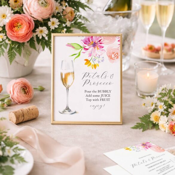 Petals and Prosecco bridal shower ideas by Do Tell A Belle features bridal shower invitations with matching sign.