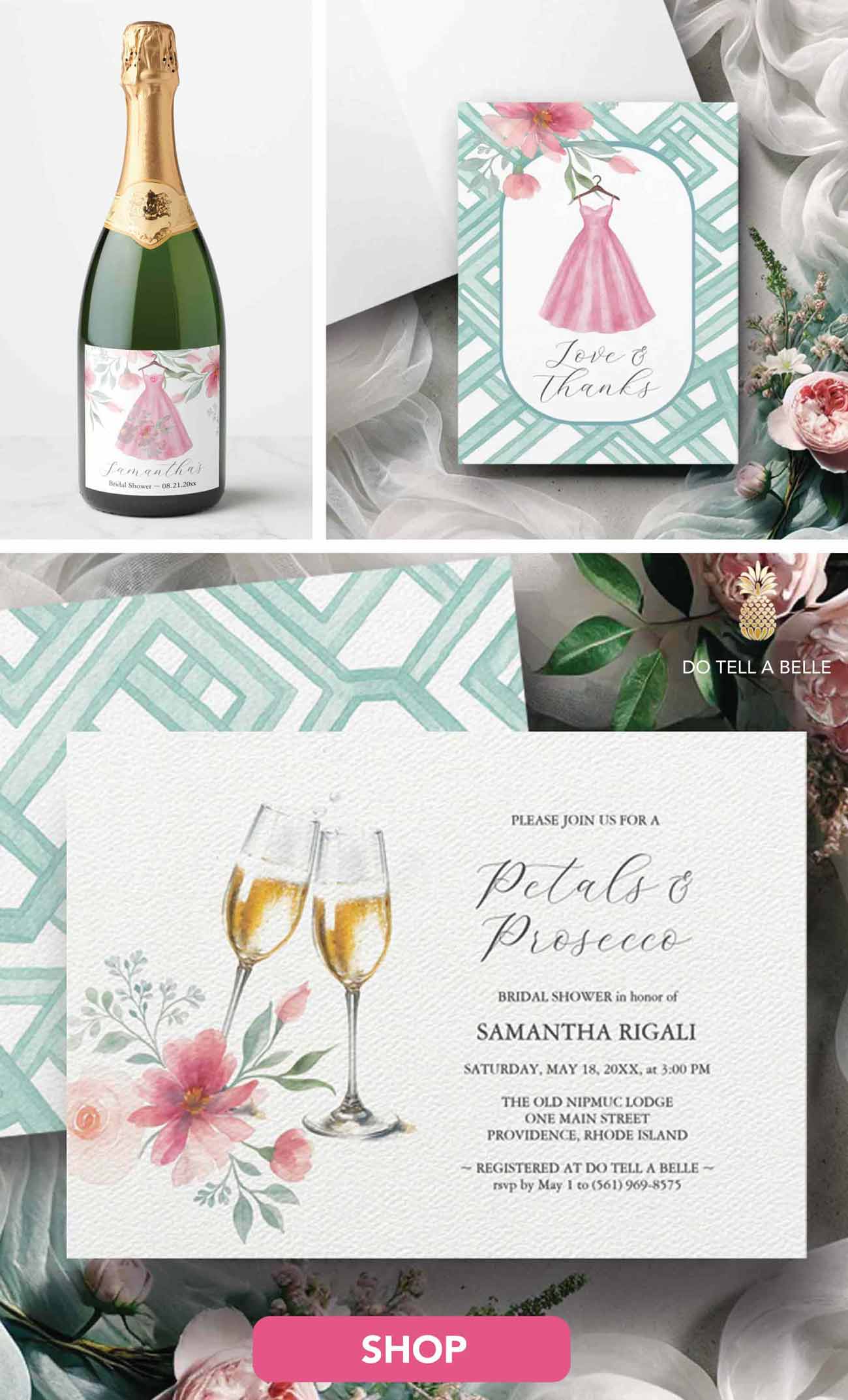 Floral Pink And Sage Blue Bridal Shower Theme designed with hand painted watercolor art by Victoria Grigaliunas of Do Tell A Belle. Tap to shop.