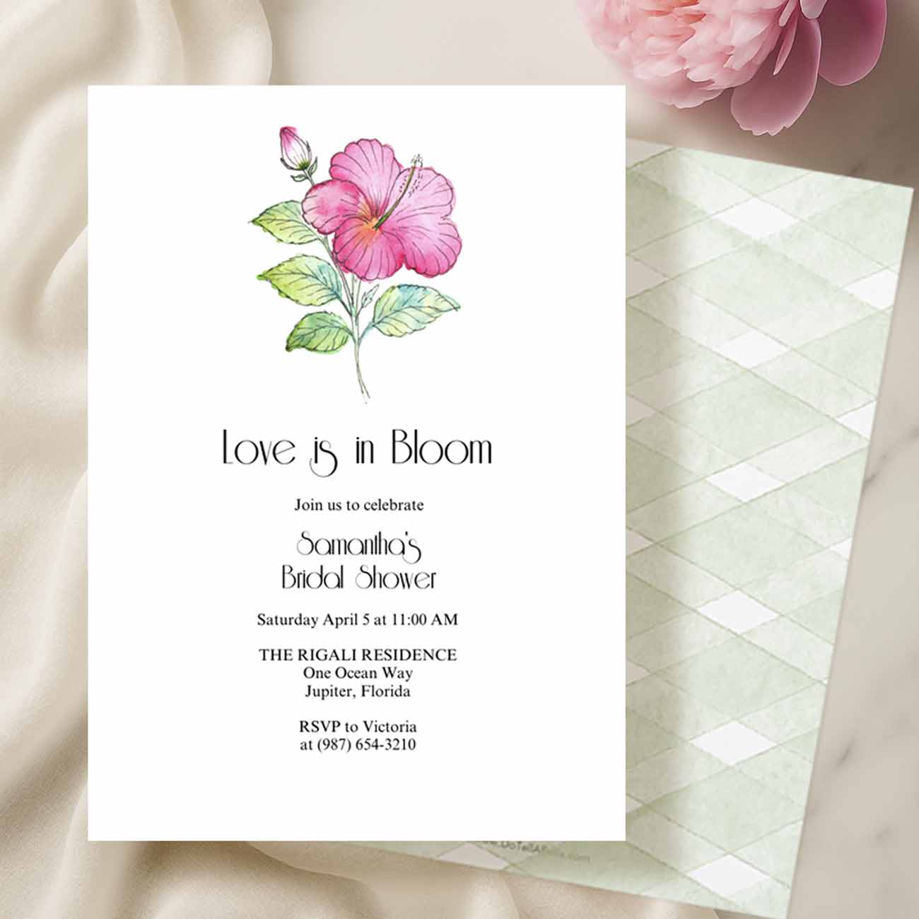 Wondering where to buy love is in bloom bridal shower invitations online? Do Tell A Belle has you cover with unique designs with hand painted watercolor art by Victoria Grigaliunas...like this charming pink hibiscus flower theme.