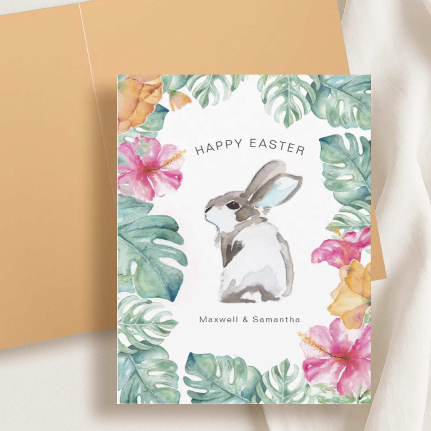 Watercolor Easter cards featuring hand-painted bunny rabbits surrounded by soft tropical greenery, designed by Florida artist Victoria Grigaliunas.