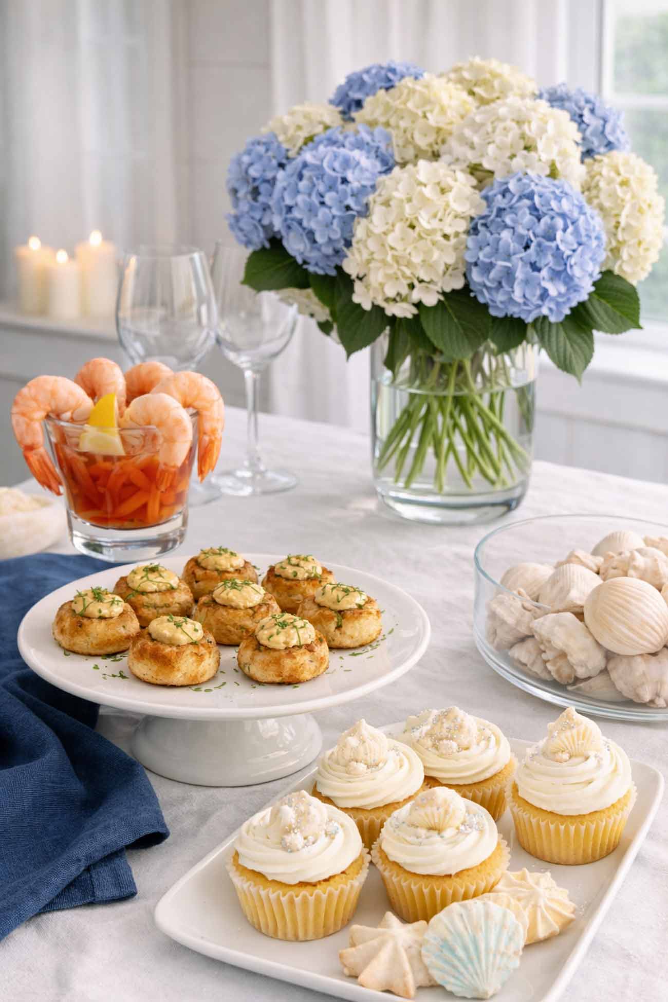 Beach bridal shower theme food ideas featuring seafood appetizers, coastal cocktails, and desserts for a seaside bridal shower.
