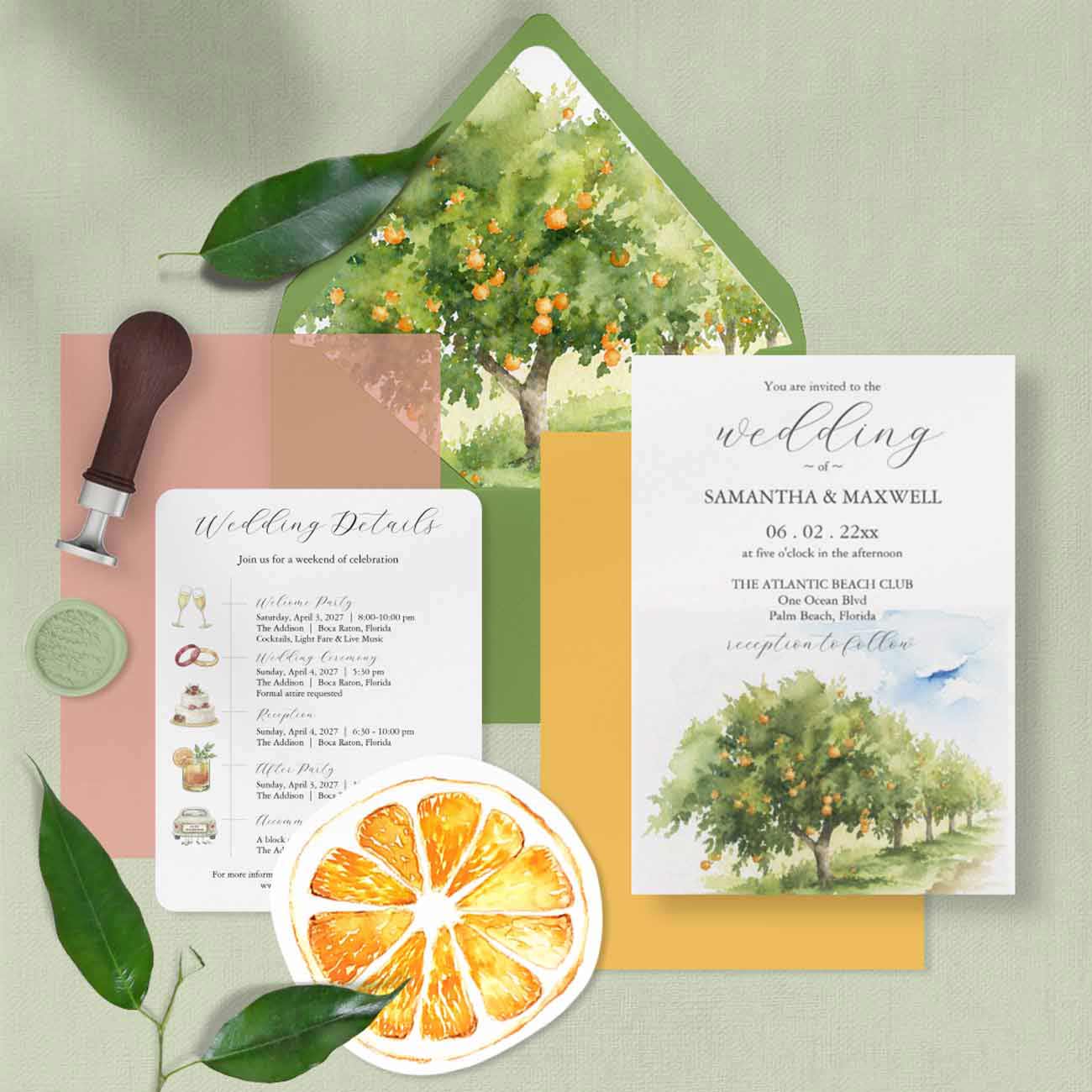 Citrus wedding stationery suite with hand-painted watercolor orange grove invitation, die-cut RSVP card, timeline details card, and vellum insert in orange, green, and pink grapefruit tones, customizable as citrus bridal shower invitations