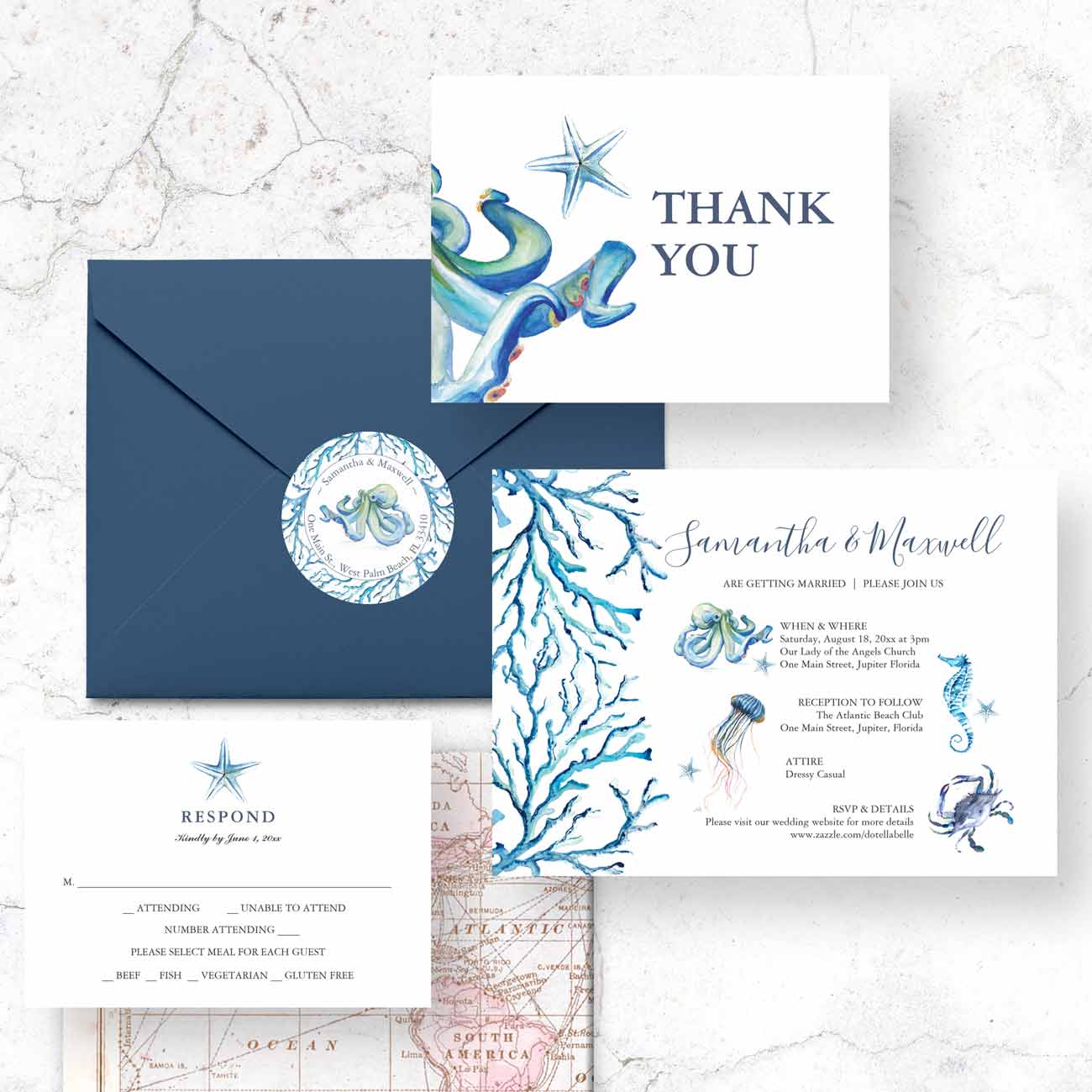 Blue ocean-themed beach wedding invitation suite with watercolor coastal design by Florida artist Victoria Grigaliunas of Do Tell A Belle. Affordable watercolor wedding invitation suites with customization options.