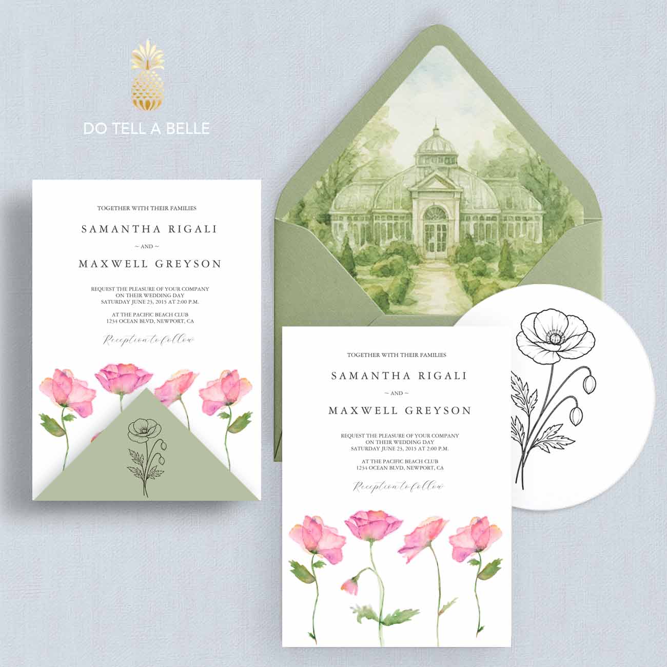 Pink and green wedding invitation suite with illustrated venue art and floral poppies by watercolor artist Victoria Grigaliunas of Do Tell A Belle