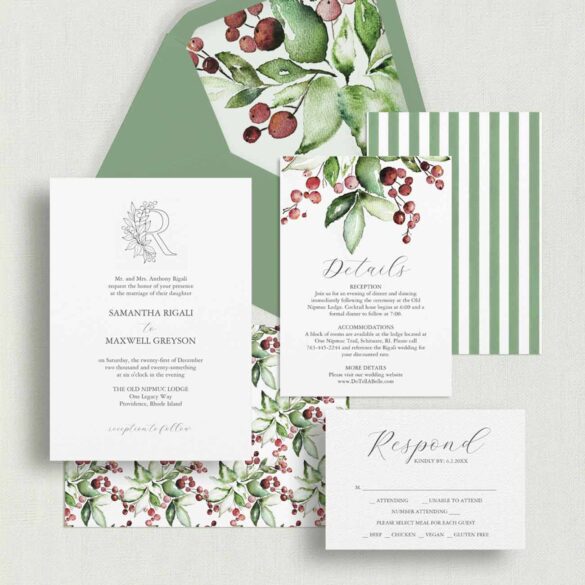 Custom watercolor wedding invitations by Palm Beach artist Victoria Grigaliunas of Do Tell A Belle. Explore bespoke suites like this green and red botanical theme