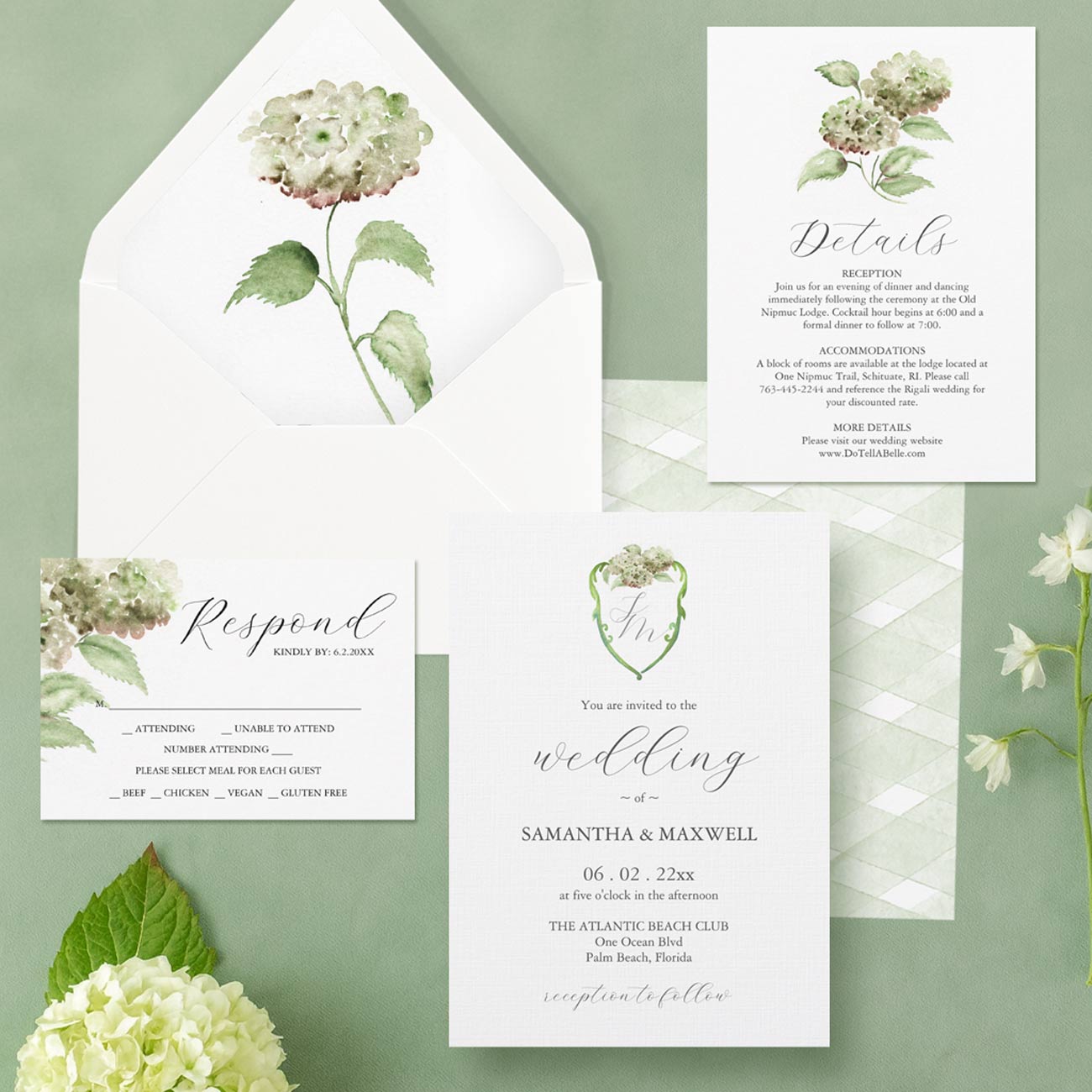 Green hydrangea watercolor wedding invitation suite by Florida artist Victoria Grigaliunas of Do Tell A Belle. Searching for where can I find unique watercolor wedding invitation templates?