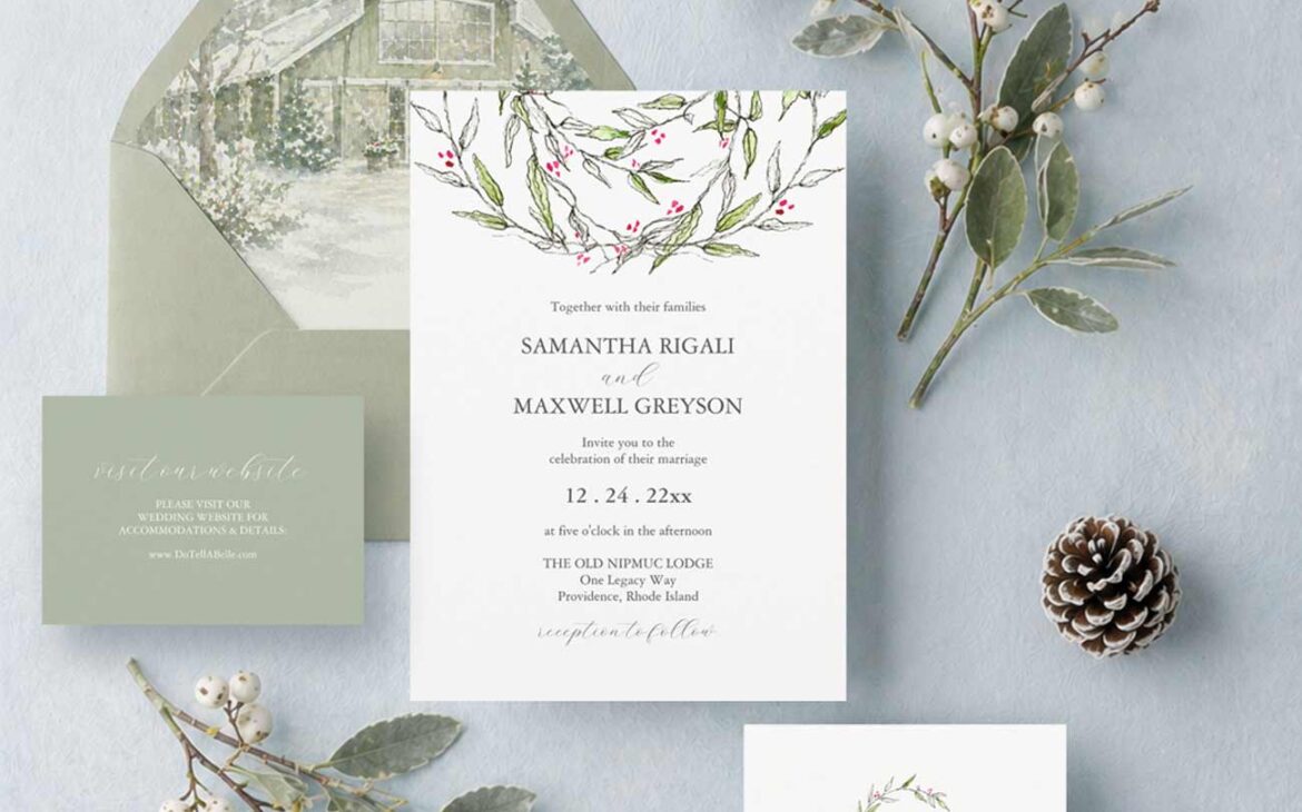 Watercolor wedding invites featuring botanical invitation design, sage green wedding website card, monogram details card, and custom watercolor venue envelope liner for an elegant Christmas wedding