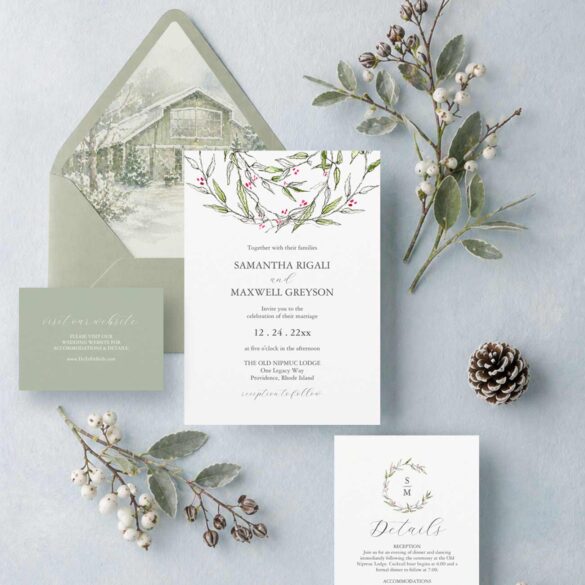 Watercolor wedding invites featuring botanical invitation design, sage green wedding website card, monogram details card, and custom watercolor venue envelope liner for an elegant Christmas wedding