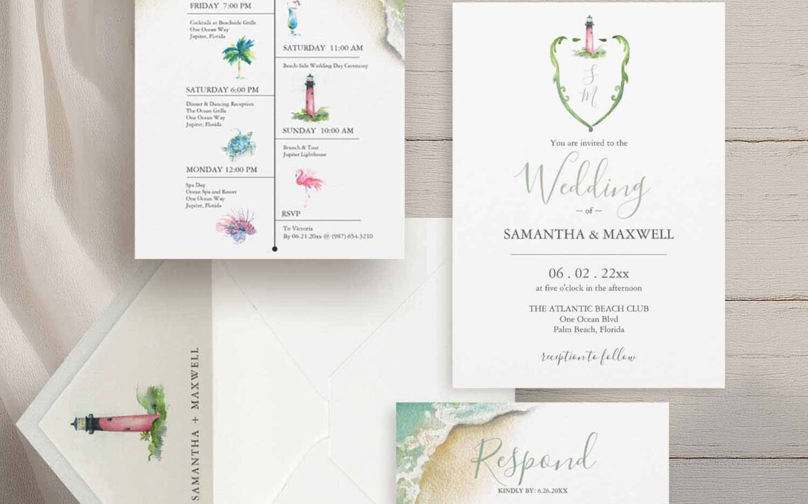 Do Tell A Belle in Palm Beach offers bespoke watercolor wedding invitations with top-rated services like the wedding invitation suite seen here with a monogram, seashore and lighthouse art by Victoria Grigaliunas