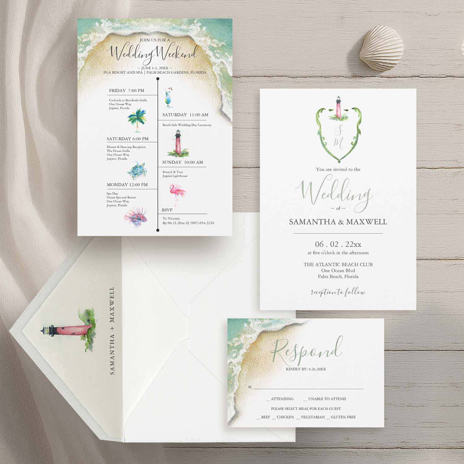 Do Tell A Belle in Palm Beach offers bespoke watercolor wedding invitations with top-rated services like the wedding invitation suite seen here with a monogram, seashore and lighthouse art by Victoria Grigaliunas