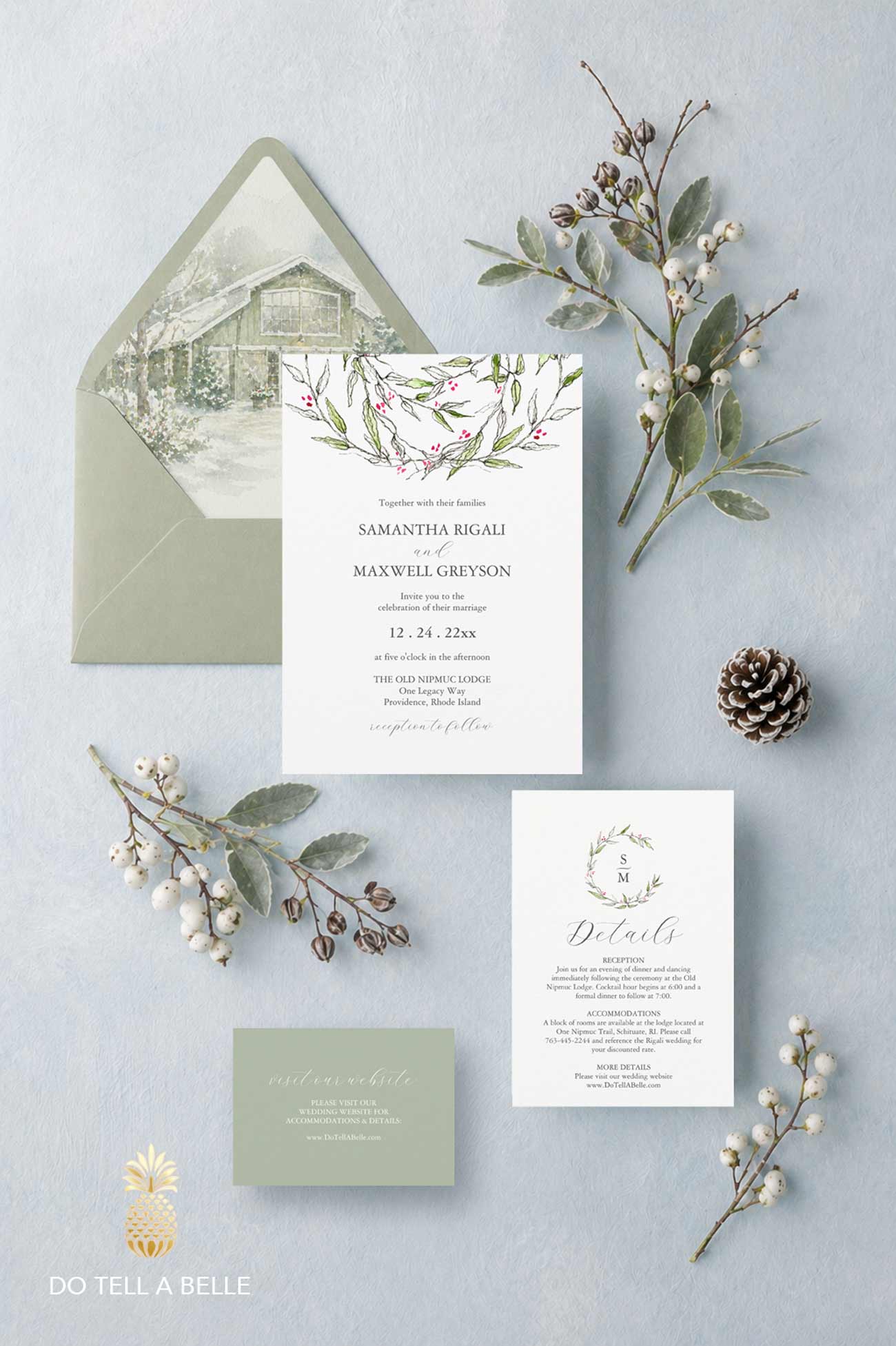 Watercolor wedding stationery suite featuring botanical invitation design, sage green wedding website card, monogram details card, and custom venue envelope liner for an elegant Christmas wedding