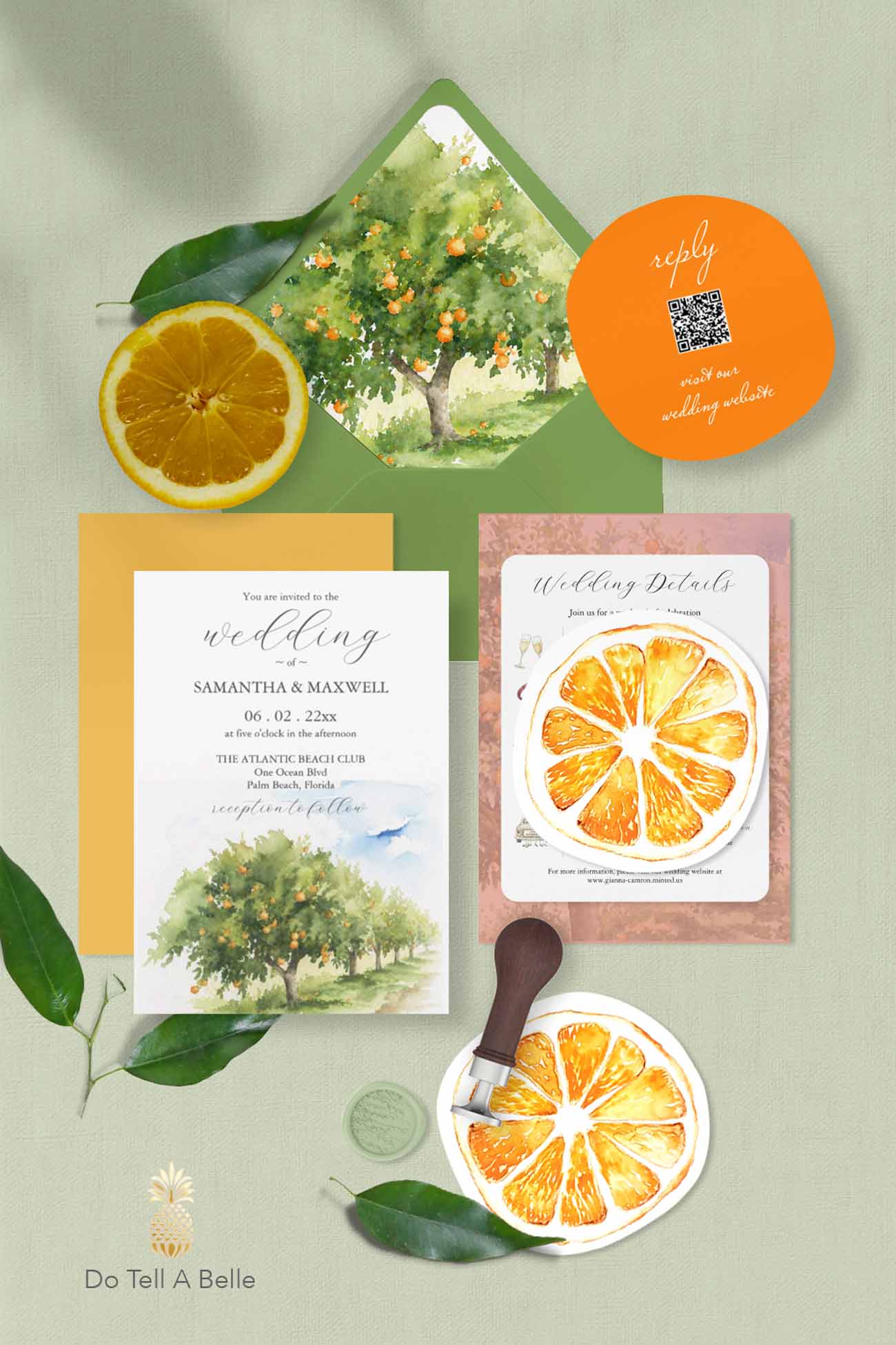 Citrus orange watercolor wedding invitations suite