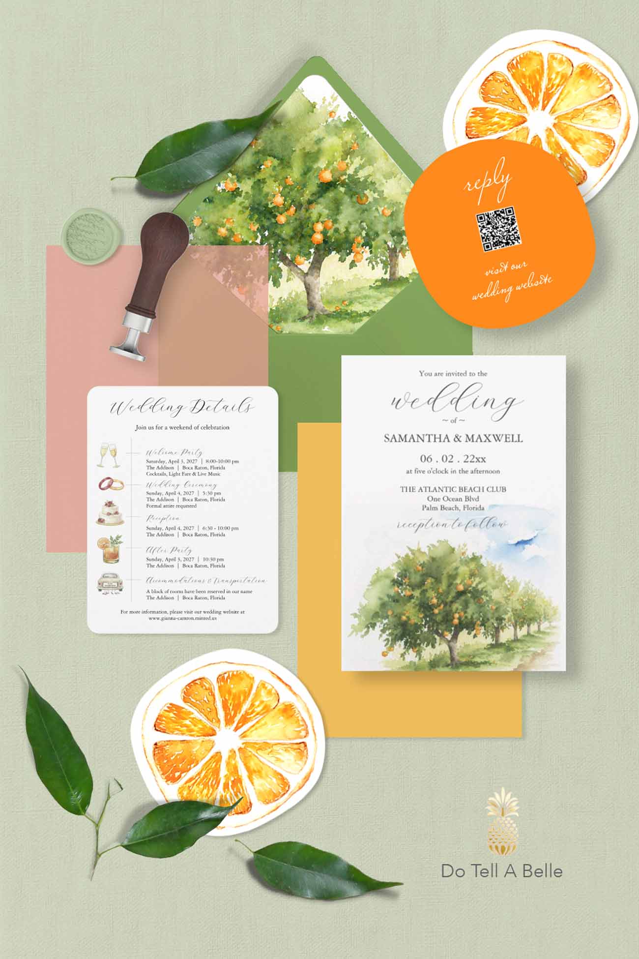 Citrus orange watercolor wedding stationery suite