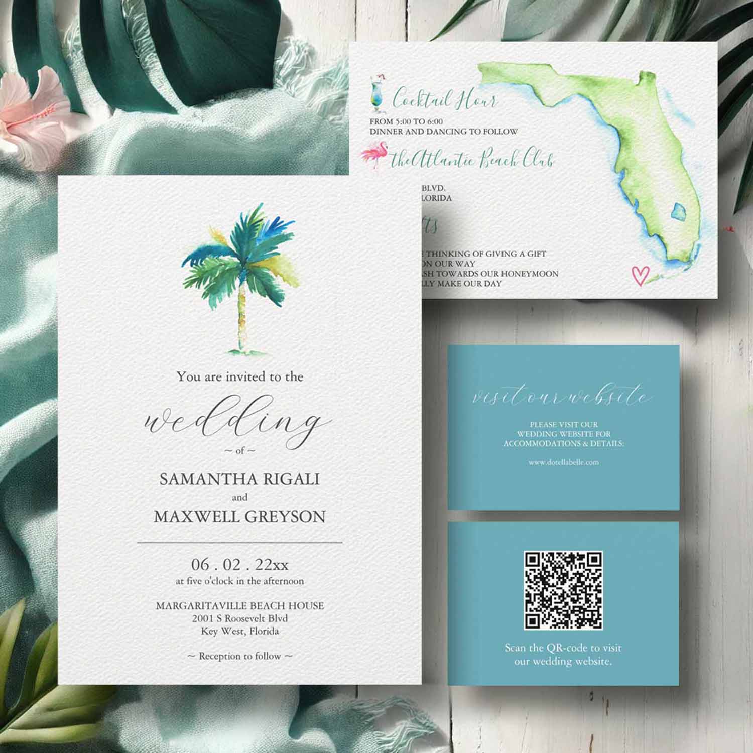 Florida destination wedding invitations with hand painted palm tree and Florida map art by Victoria Grigaliunas of Do Tell A Belle.