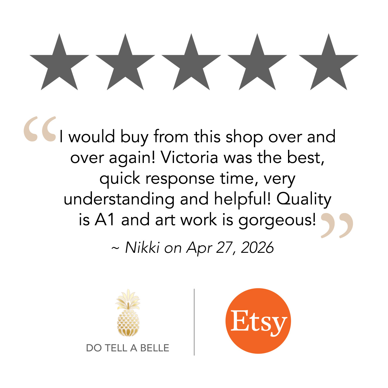 5 star review for custom watercolor wedding invitations praising artwork quality and customer service by Do Tell A Belle