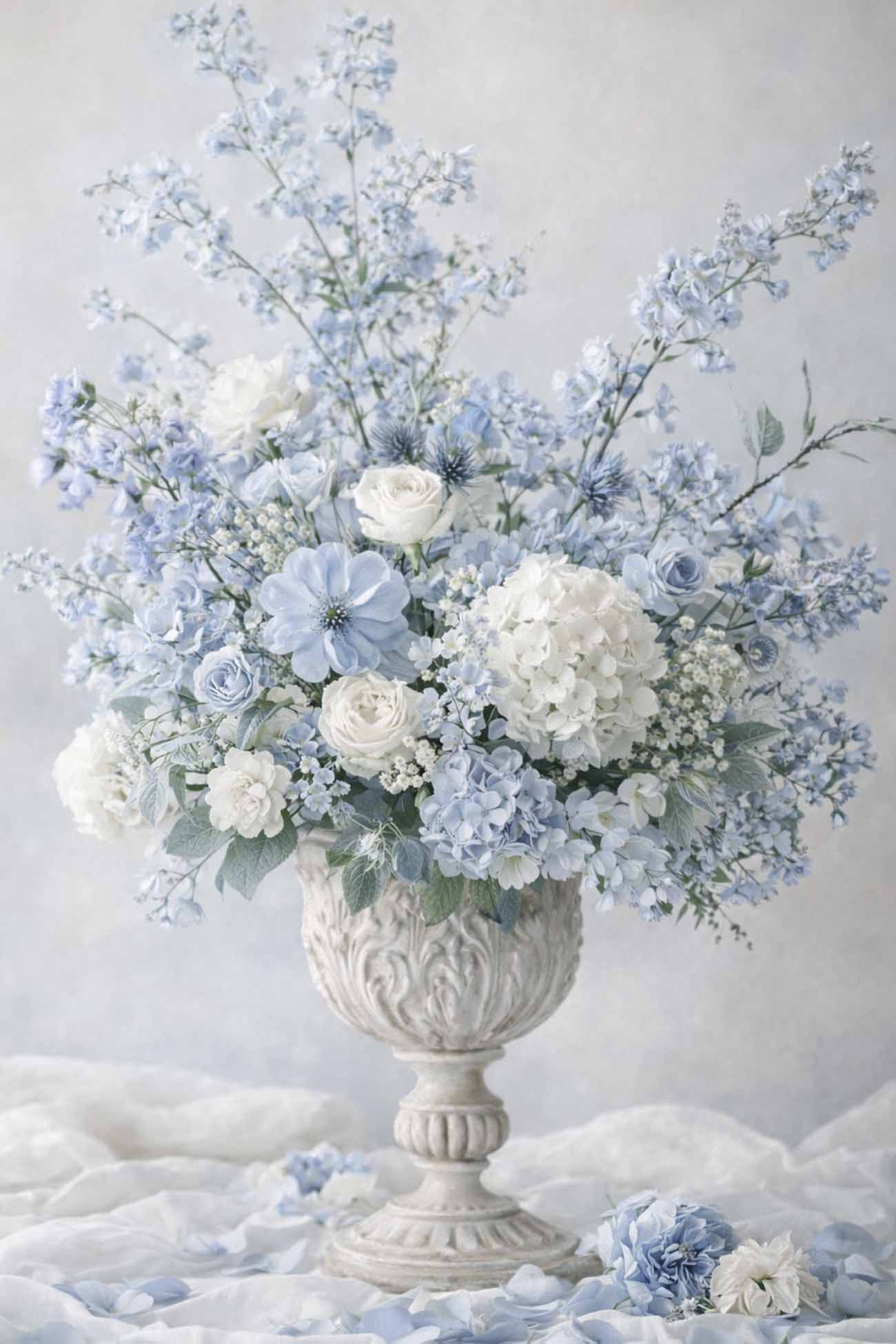 Ideas for incorporating dusty blue into wedding centerpieces showcases an elegant Victorian floral arrangement.