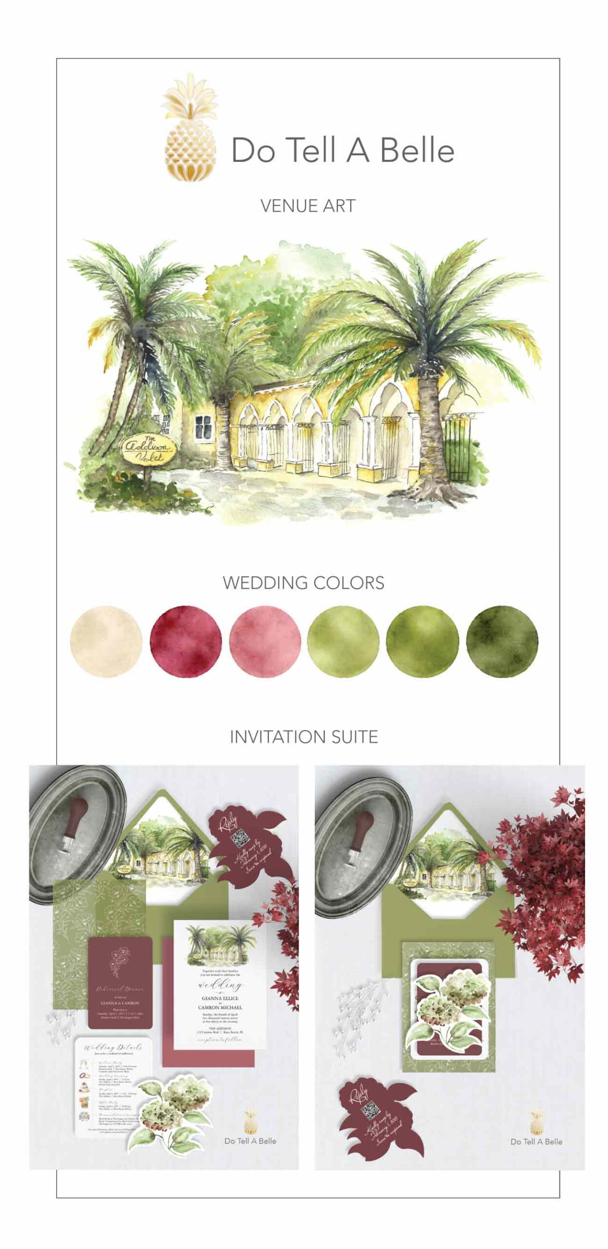 Watercolor wedding invitation style guide with Addison Boca Raton venue art and burgundy green palette