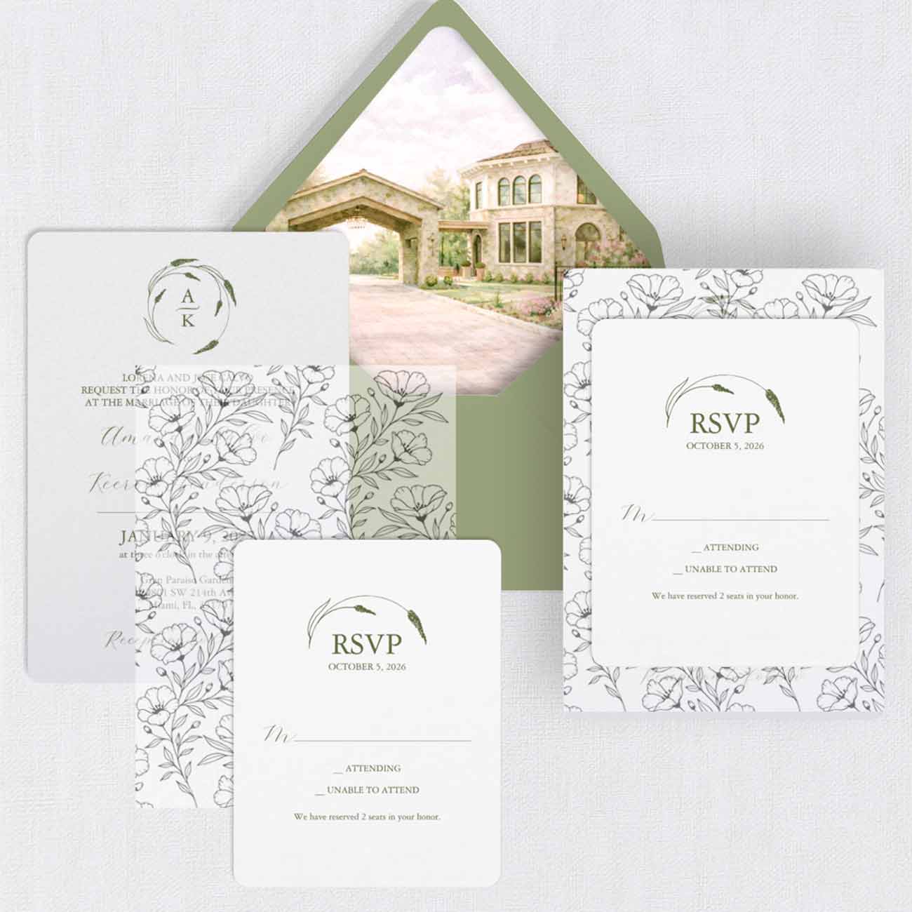 Semi custom wedding invites with moss green envelopes and watercolor venue liner in pink and green, elegant personalized wedding invitation suite with hand-painted artwork