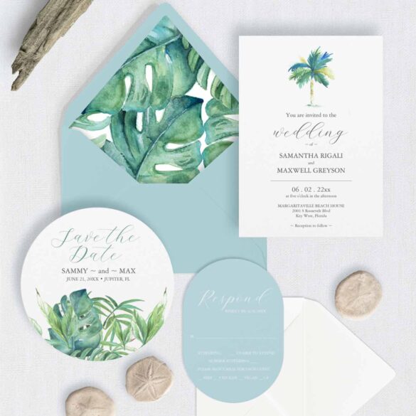 Tropical watercolor wedding stationery suite with palm trees, monstera leaves, powder blue envelopes, and RSVP card for a Florida destination wedding, by Do Tell A Belle