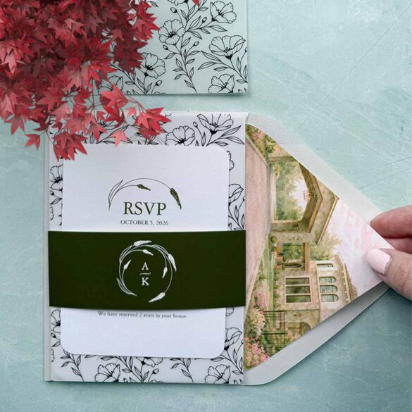 watercolor venue wedding invitations for a wedding at Perona Farms in Ando NJ. In shades of pink ang green by Victoria of Do Tell A Belle.