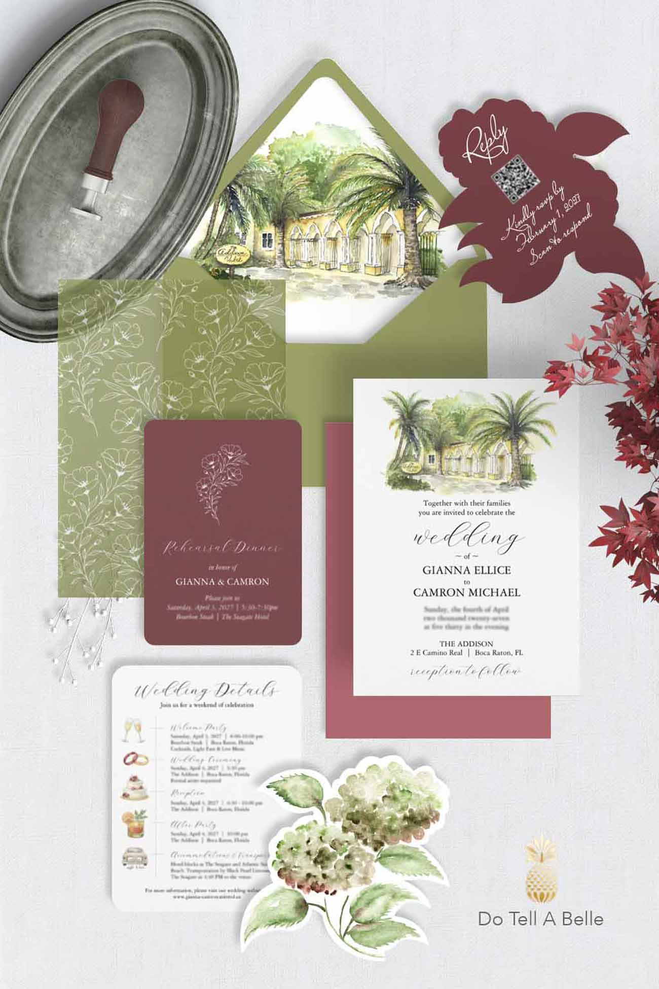 Watercolor venue wedding invitations in burgundy and green for a Florida destination wedding the Addison in Boca Raton Florida