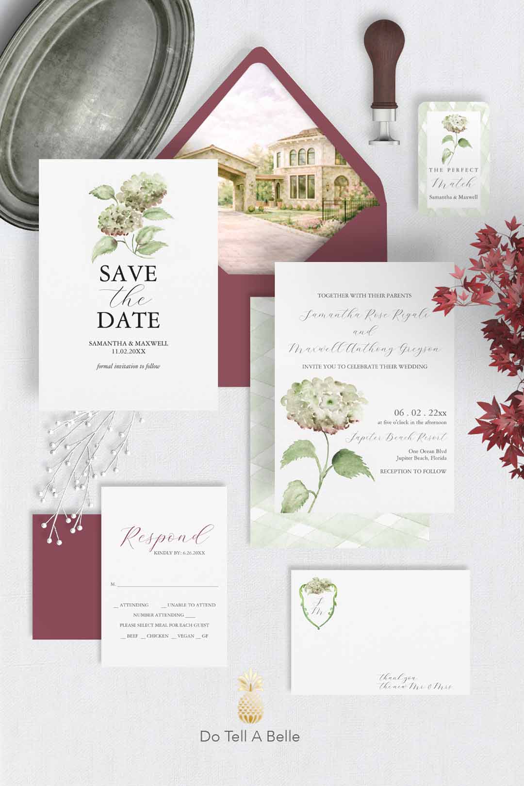 Watercolor venue wedding invitations with elegant semi-custom suite design featuring soft green hydrangea flowers with burgundy rose accents by Do Tell A Belle.