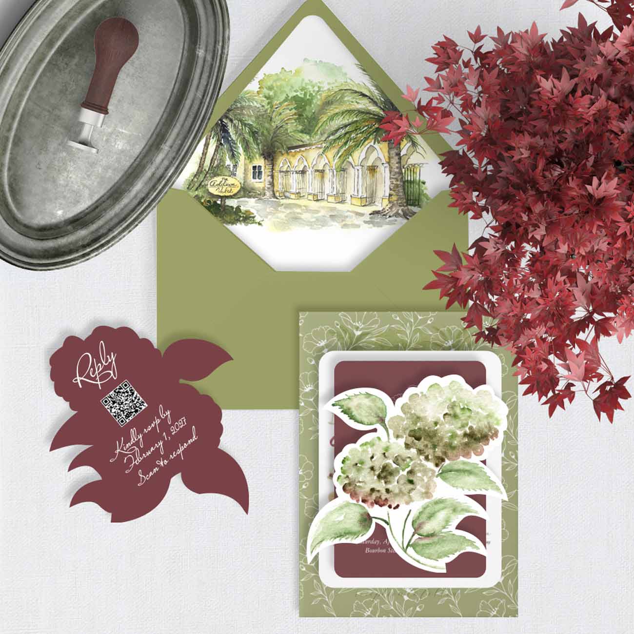 Semi-custom wedding invitation suite with custom watercolor Addison Boca Raton venue art, burgundy and green palette, die-cut hydrangea RSVP cards