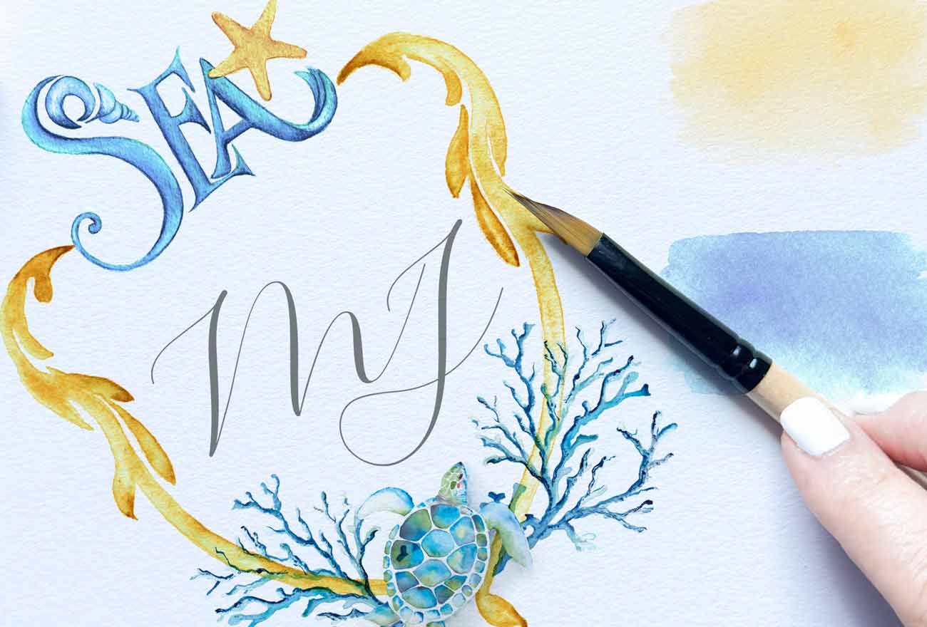 watercolor wedding crest for a beach wedding in shades of blue and yellow by Victoria Grigaliunas of Do Tell A Belle.