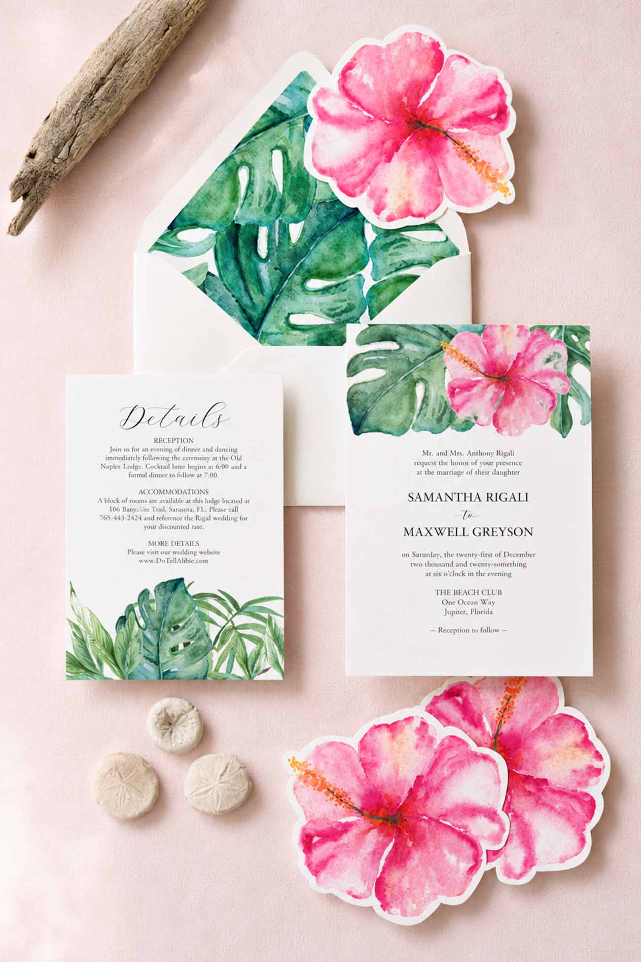 Elegant watercolor wedding invitations featuring hand-painted pink hibiscus flowers and tropical monstera leaves. This destination wedding invitation suite includes a white invitation, details card, botanical envelope liner, and coordinating tropical accents, making it perfect for couples searching for destination wedding invitations to buy for a beach, Florida, Hawaii, or island celebration.