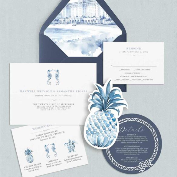 coastal wedding invitation with watercolor details hand painted blue pineapple and beach destination design