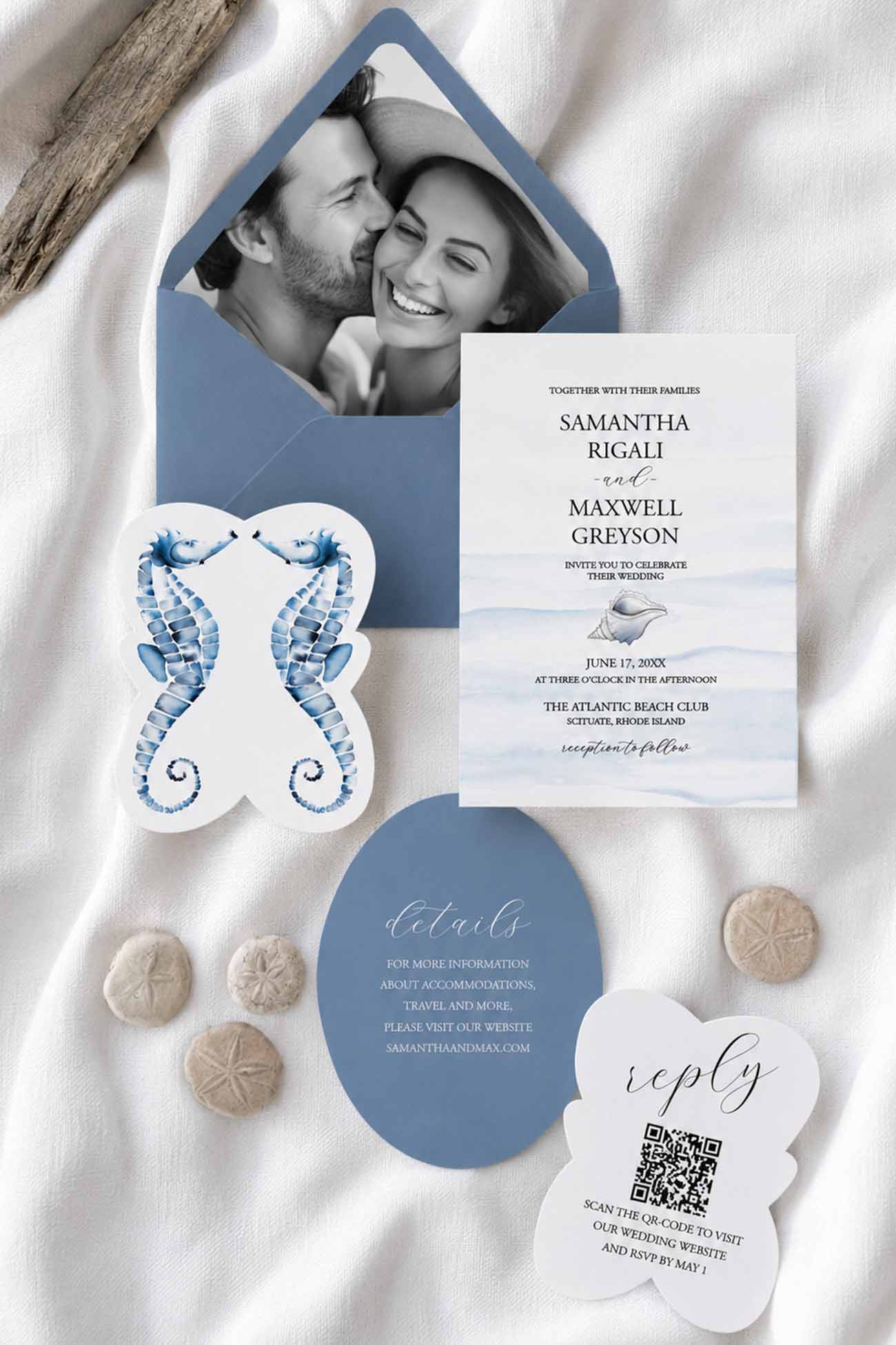 Semi custom wedding invitation suite designed with dusty blue watercolor seahorses and coastal elements. 