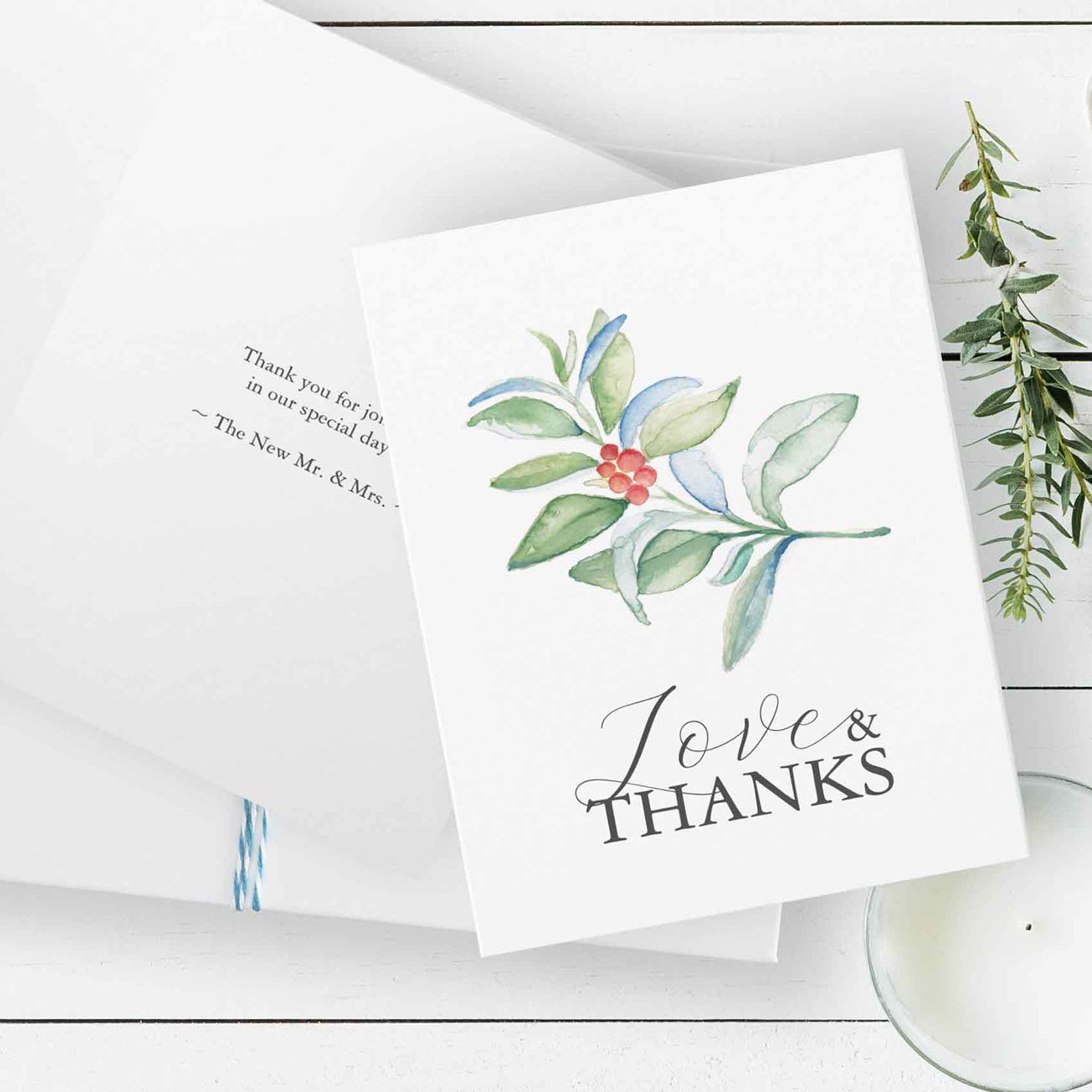 Custom watercolor thank you card with botanical greenery and berry artwork personalized for elegant wedding stationery and heartfelt notes.