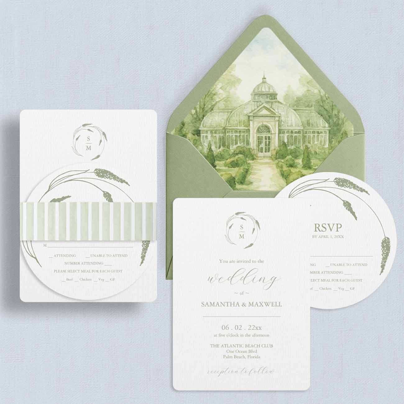 Watercolor venue wedding invitations featuring a minimalist wedding stationery suite with a custom watercolor venue envelope liner.