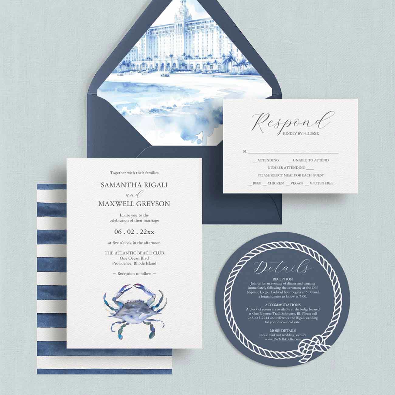 Beach wedding invitations featuring a hand-painted watercolor crab, custom venue envelope liner, round die-cut details card with rope border, and RSVP card.