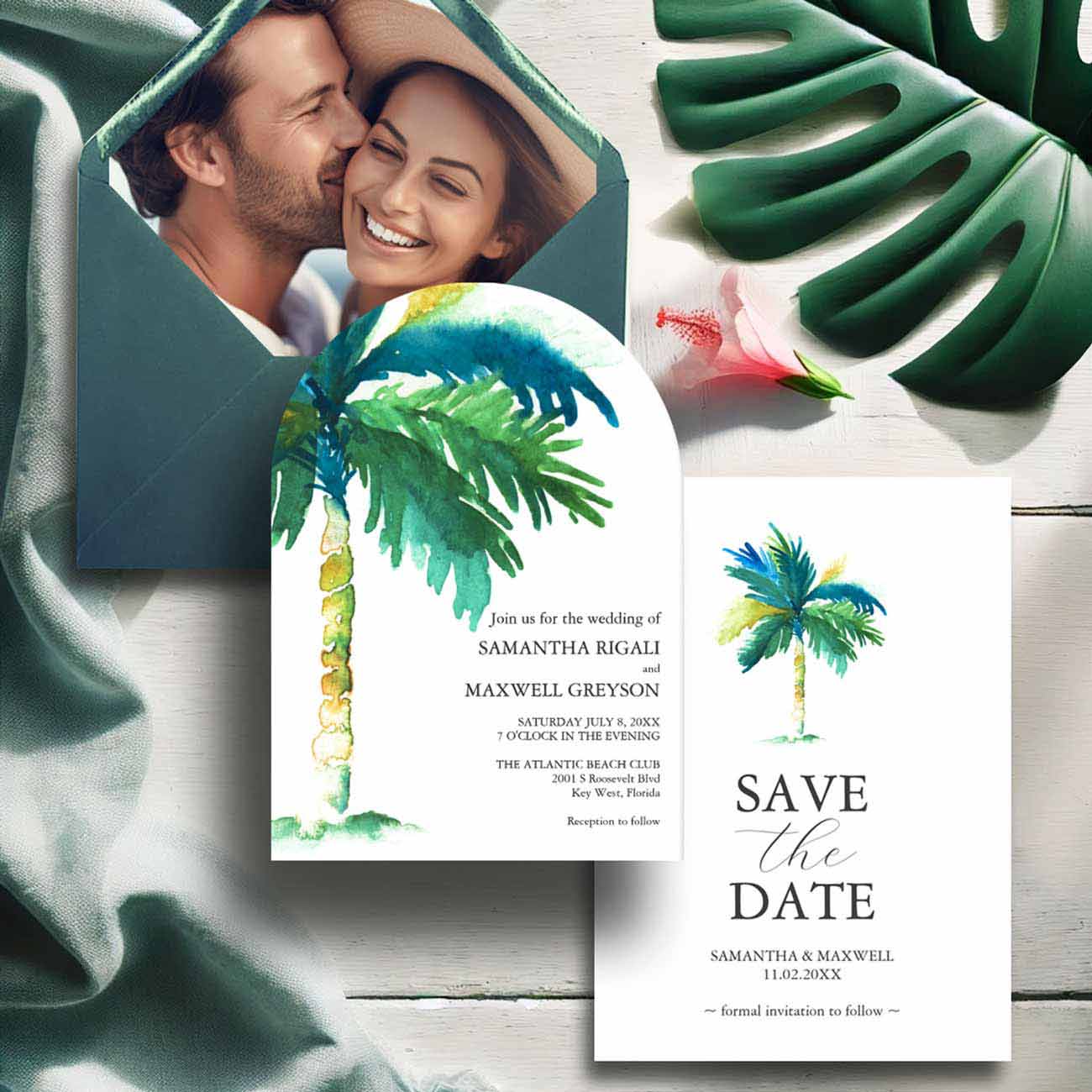Destination wedding invitation suite featuring hand-painted watercolor palm trees, a custom die cut wedding invitation, tropical save the date card, envelope, and personalized envelope liner with the couple's photograph. The tropical wedding stationery design is inspired by beach and resort weddings, combining custom watercolor artwork with elegant typography.