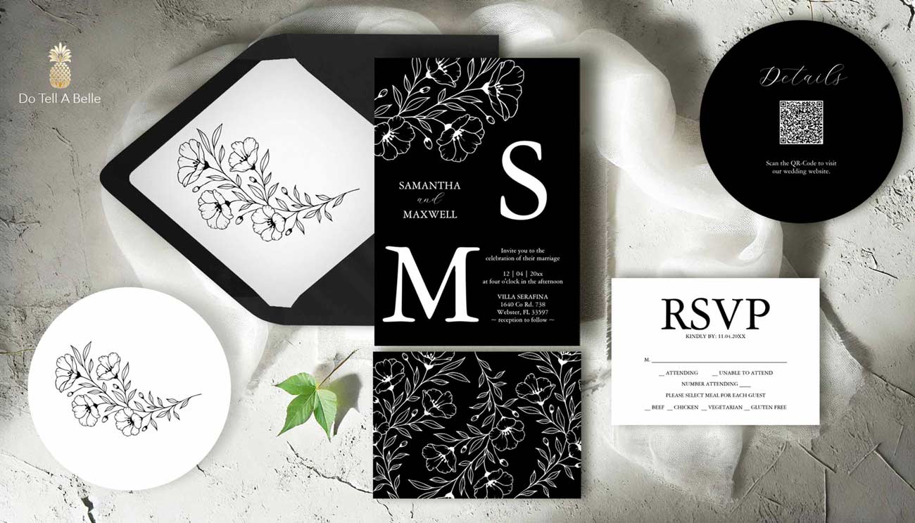 Elegant wedding invitations with floral themes featuring hand-drawn black and white flowers, coordinated wedding stationery, RSVP card, and matching envelope.