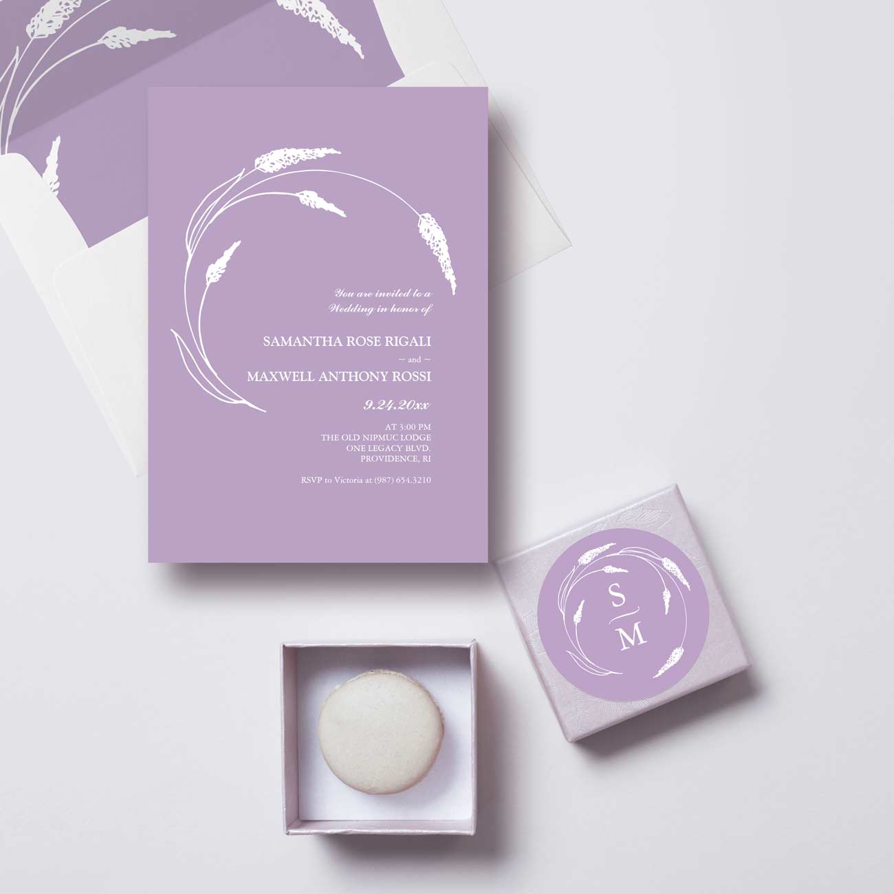 Purple wedding invitation ideas featuring a minimalist lavender wedding invitation with a matching envelope liner and coordinating wedding sticker.
