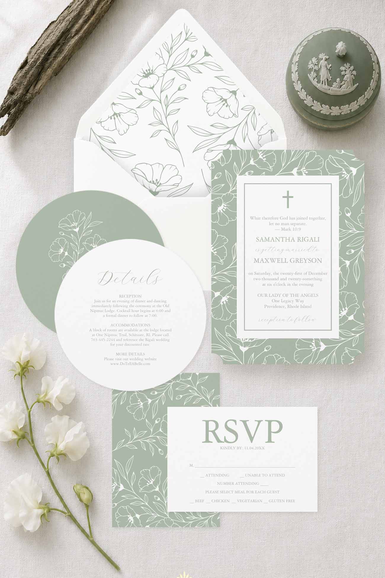 Semi-custom wedding invitations Catholic couples love featuring sage green floral artwork, a Catholic wedding invitation suite, RSVP card, details card, and botanical envelope liner.